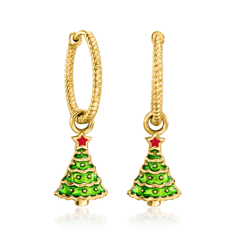 Gold hoop earrings with green Christmas tree charm and red star accent