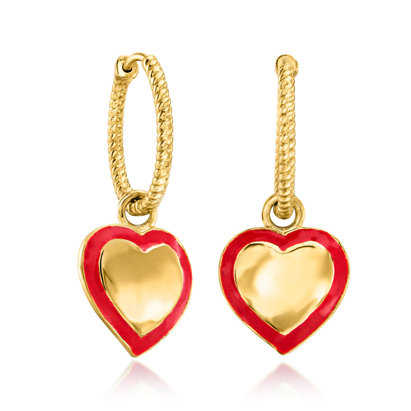 Gold hoop earrings with red heart charm, interchangeable holiday earrings