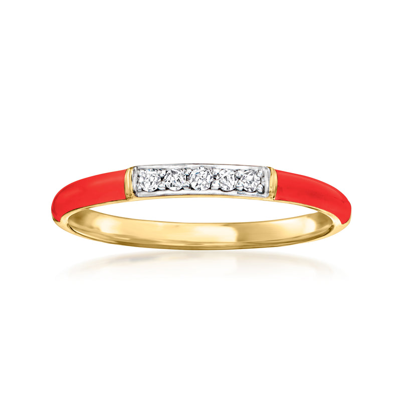 Red enamel and diamond band ring in gold-tone setting