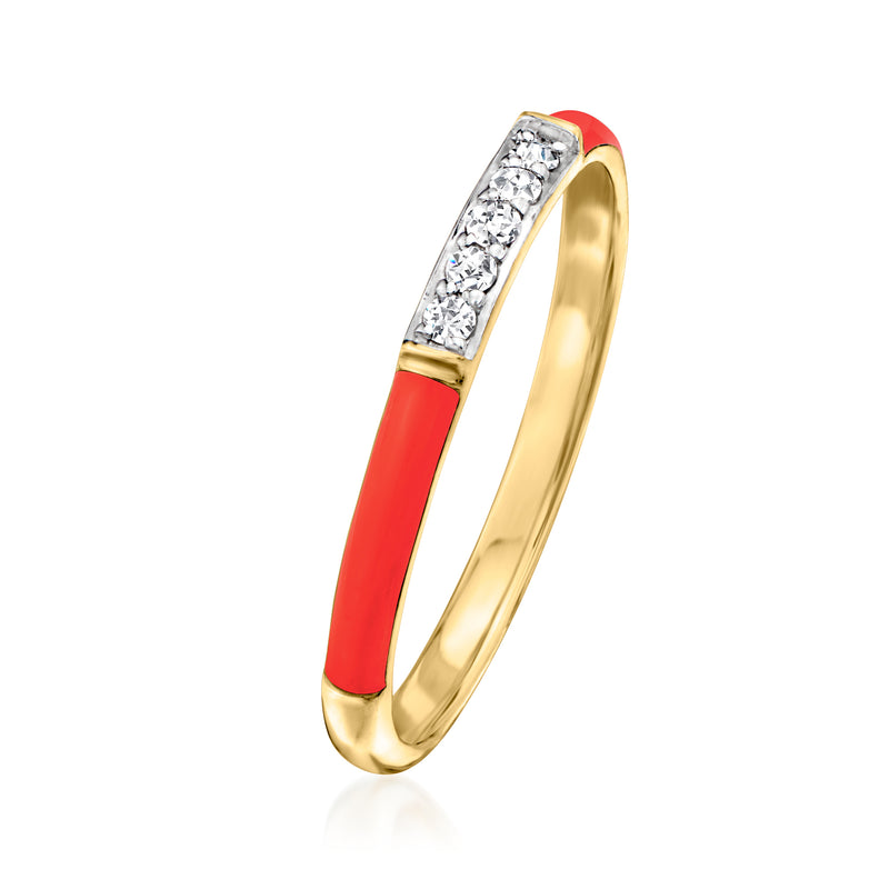 Gold-tone ring with red enamel center bar and diamond row
