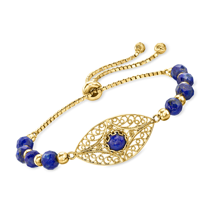 Gold bolo bracelet with blue evil-eye centerpiece and round lapis-style bead strands