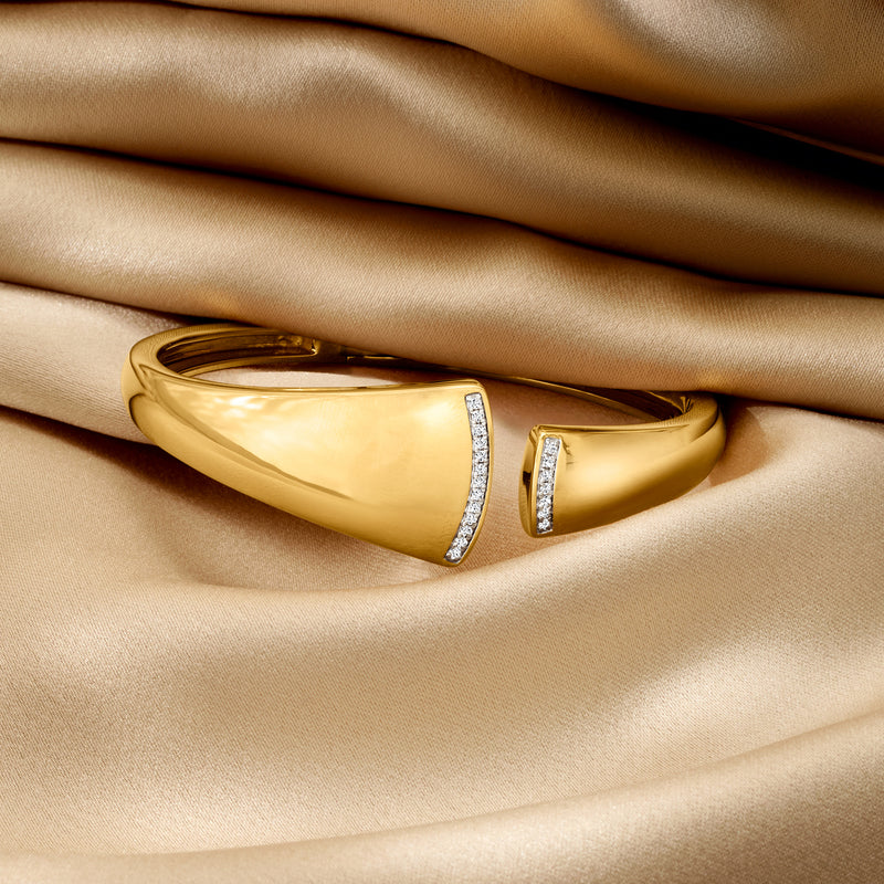 Asymmetrical 18kt gold over sterling cuff bracelet with diamond accents