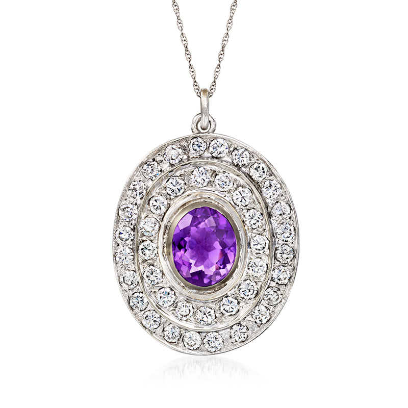 Vintage 14kt white gold amethyst and diamond pendant necklace