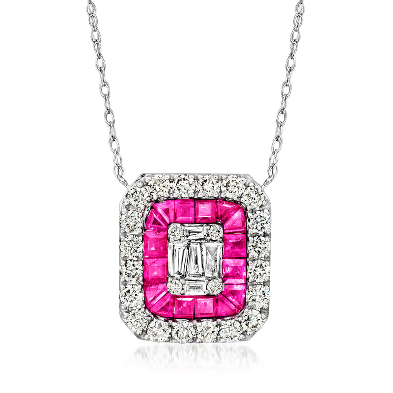 Vintage white gold necklace with square ruby and diamond pendant with prong-set gems