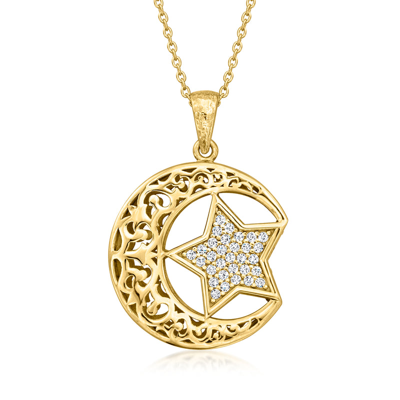 Gold moon and star zircon pendant necklace with filigree bezel and round link chain