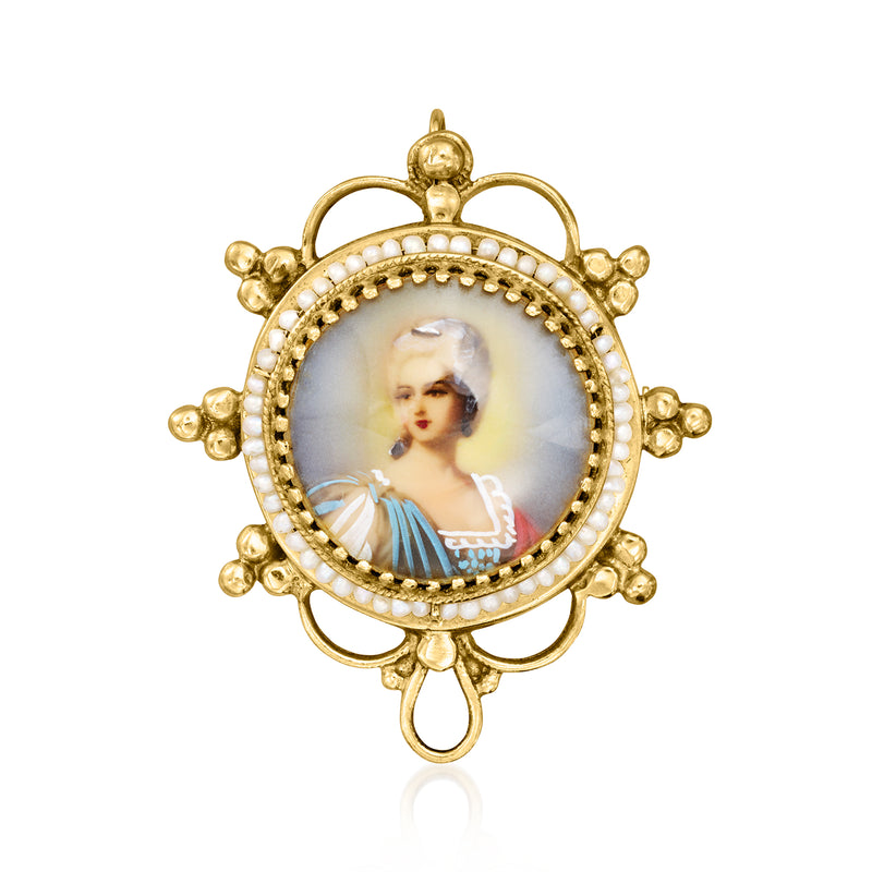 14kt yellow gold portrait pin pendant with painted enamel oval and seed pearls