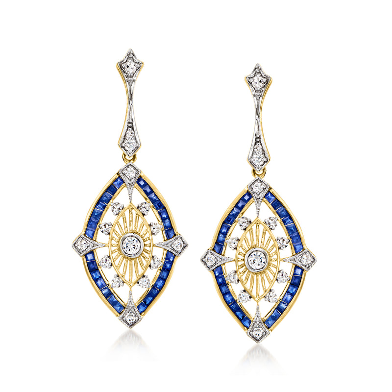 Vintage drop earrings in 14kt yellow gold with blue sapphire and diamond accents
