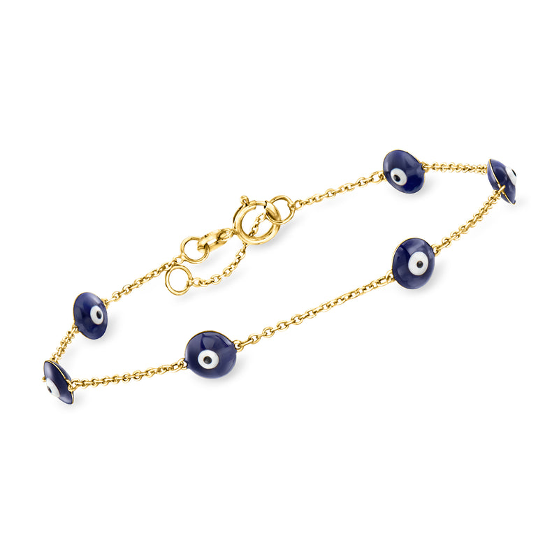 14kt yellow gold evil eye station bracelet with dark blue enamel bead links