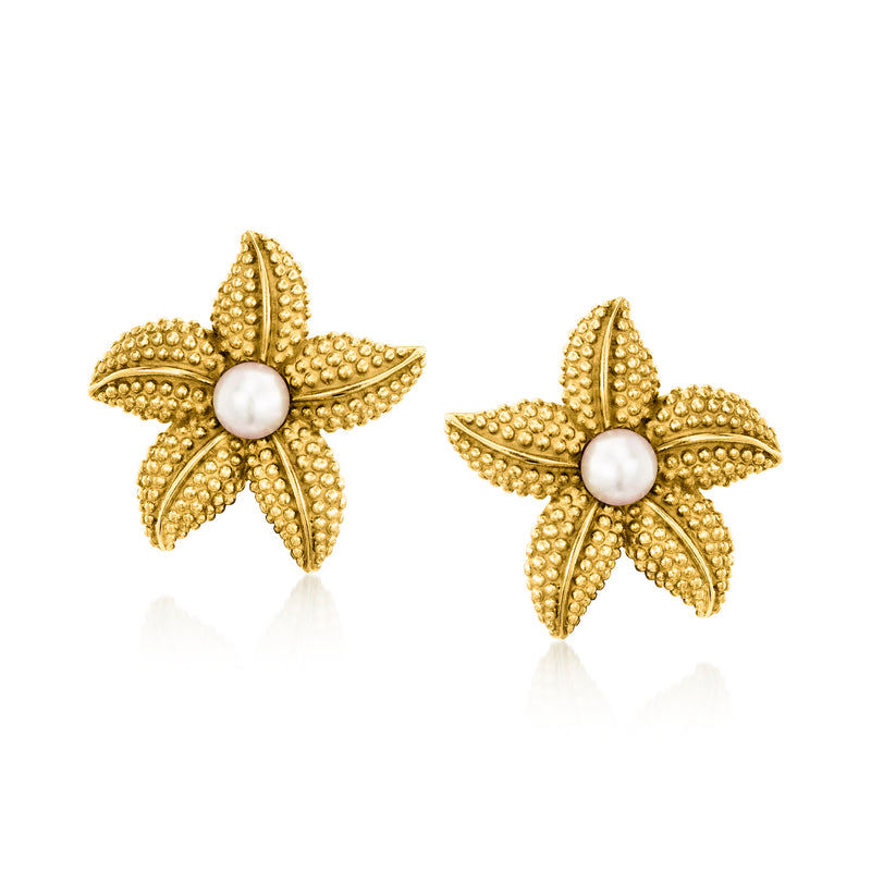 Gold starfish earrings with textured petals and round white cultured pearl centers
