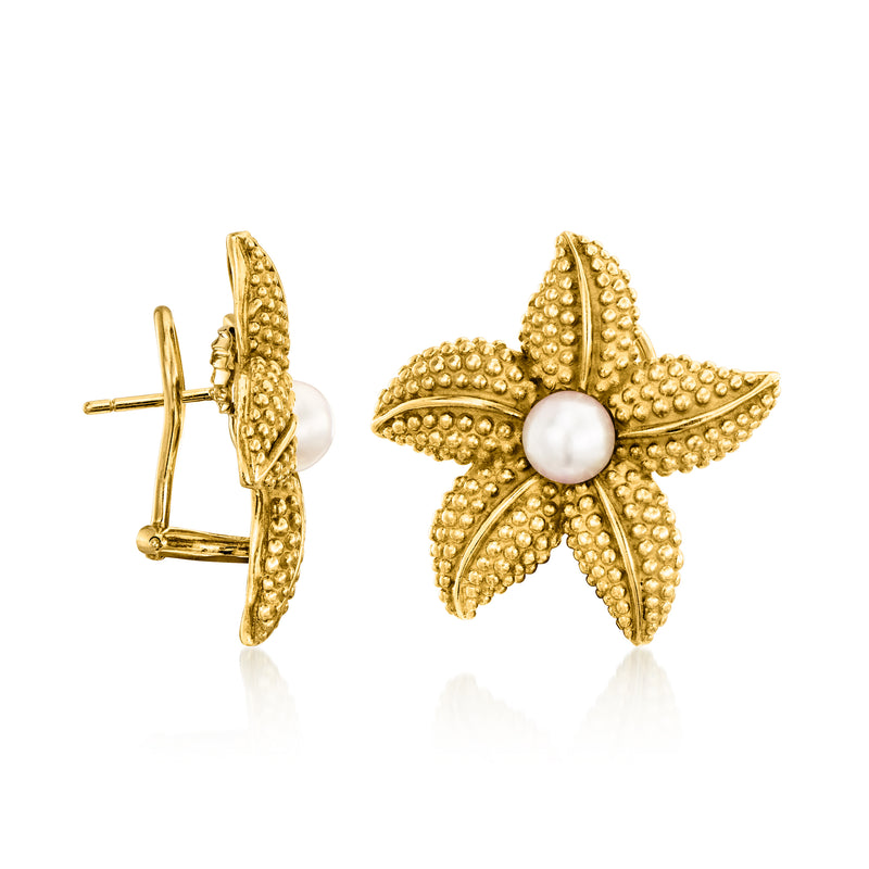 Yellow gold starfish earrings with post backs and white pearl centers