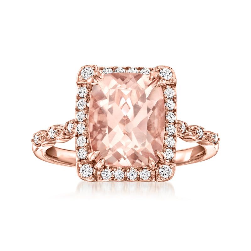 14kt rose gold ring with cushion morganite center and diamond halo