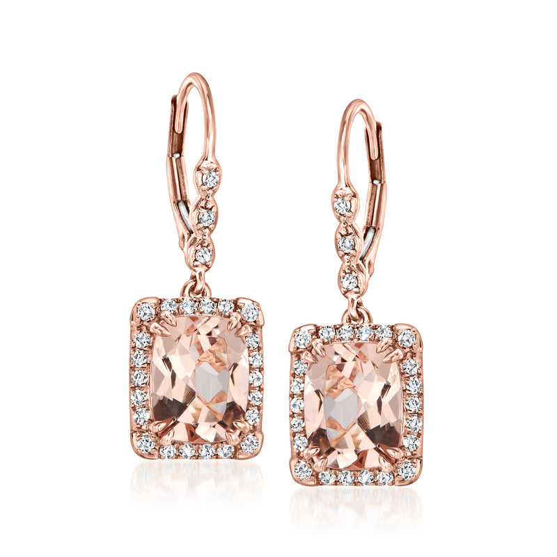 Rose gold morganite drop leverback earrings with diamond halo and dangling square gem