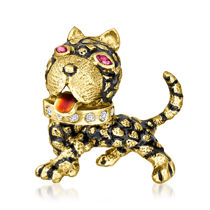 Vintage yellow gold dog pin with multicolored enamel and ruby eyes, diamond accents