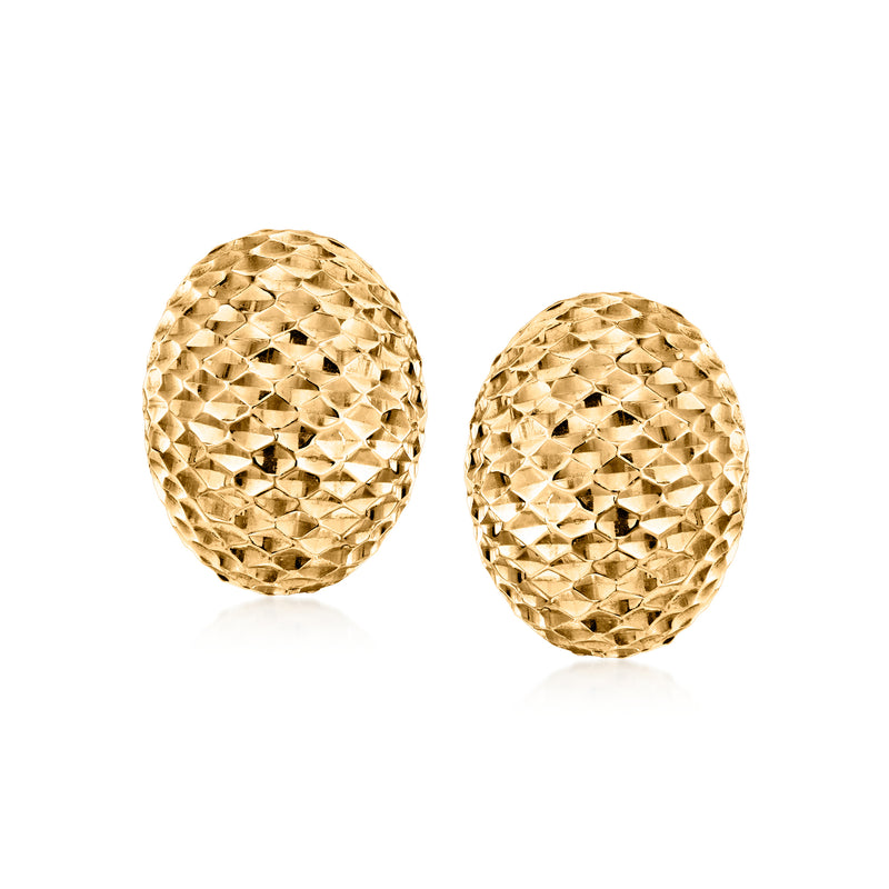 Oval hammered 14kt yellow gold earrings with textured diamond pattern