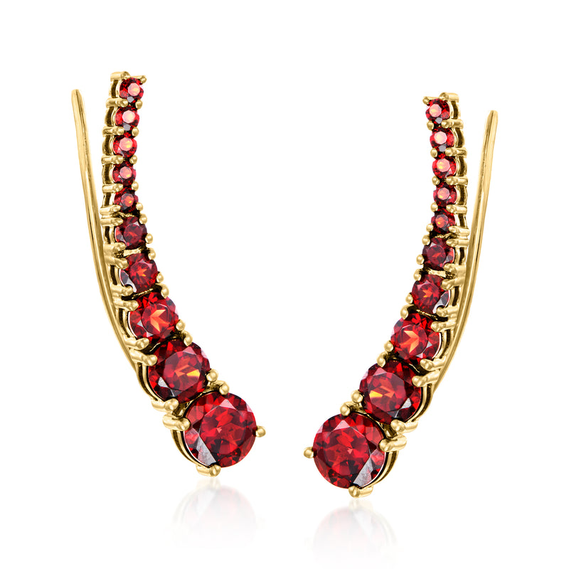 Gold ear climber earrings with a row of red round gemstones