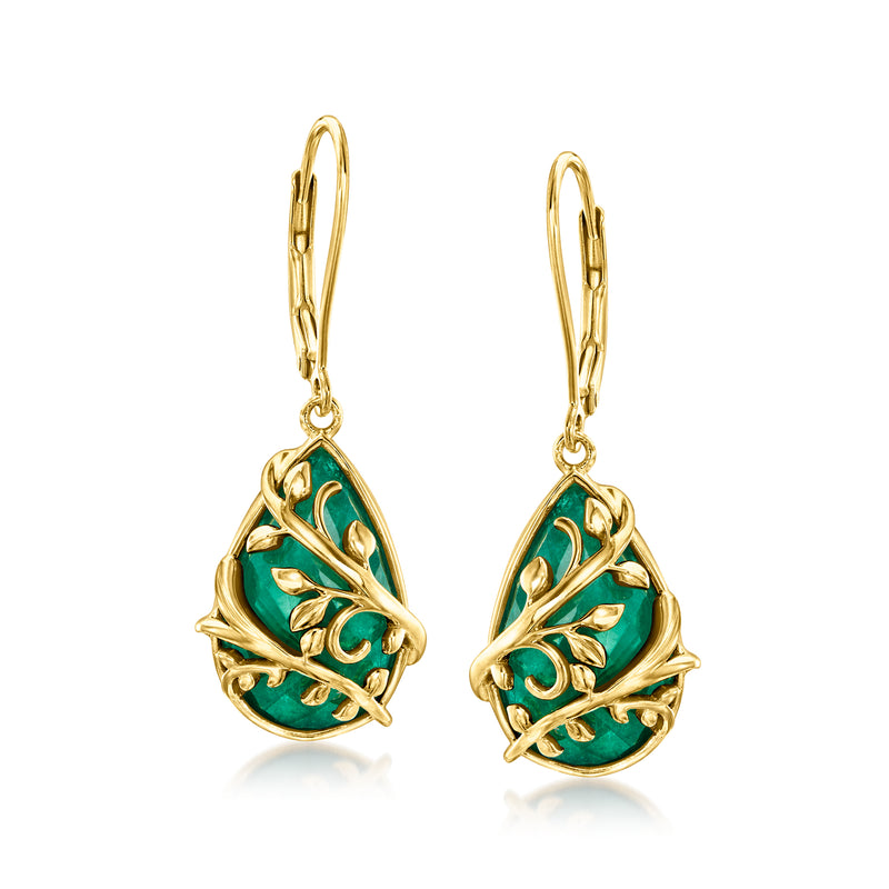 Gold-tone drop earrings with green teardrop gemstones and leverback closures.