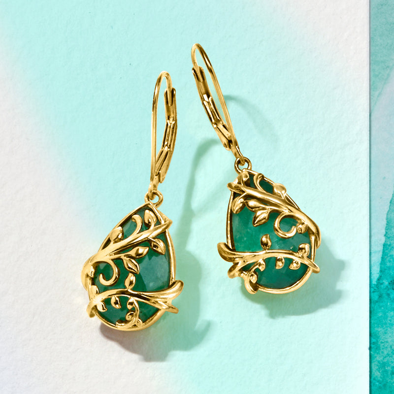 Gold-tone filigree drop earrings with green teardrop stones, leverback hooks.