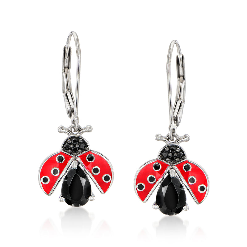 Sterling silver ladybug drop earrings with red enamel, black stone, leverback closures