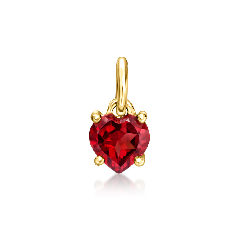 14kt yellow gold heart charm with red garnet stone and small round prongs