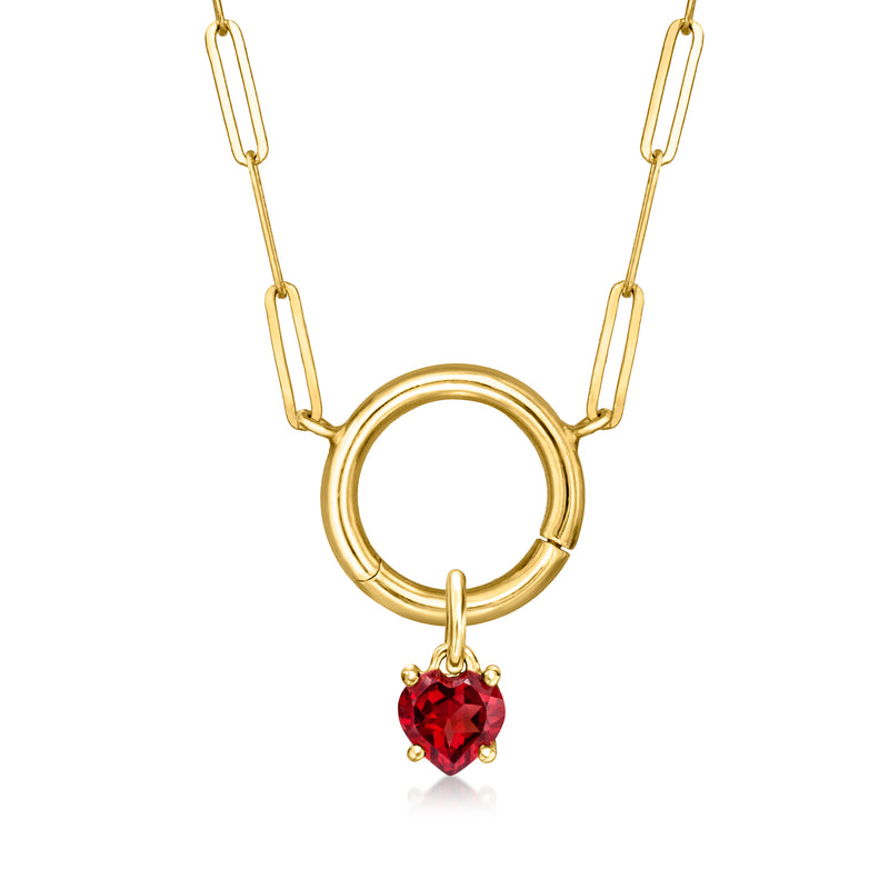 14kt yellow gold round-link necklace with red garnet heart drop charm