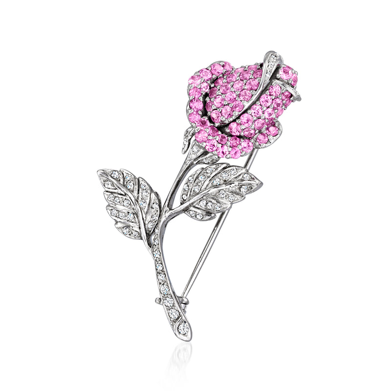 Vintage white gold rose pin with pink gemstone petals and diamond leaf accents