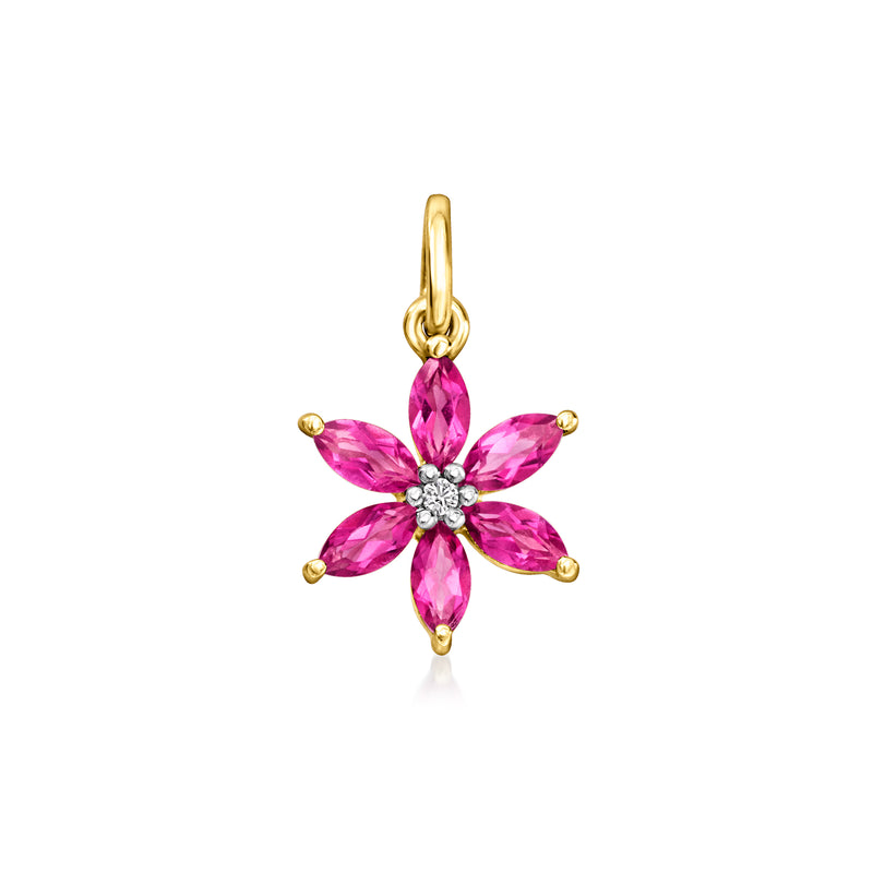 14kt yellow gold pink topaz flower charm with white sapphire center, hanging loop