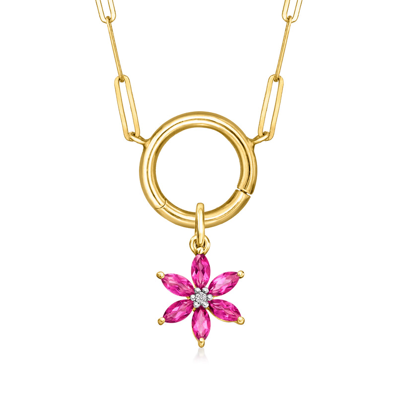 Pink topaz flower charm with white sapphire center on 14kt yellow gold link necklace
