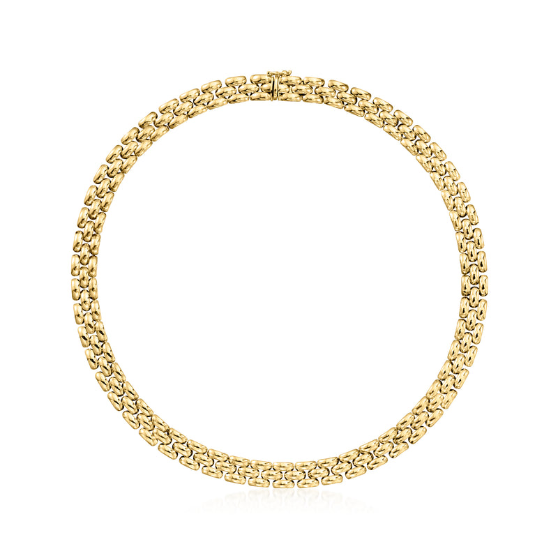 Vintage yellow gold panther-link necklace with linked chain, round view.