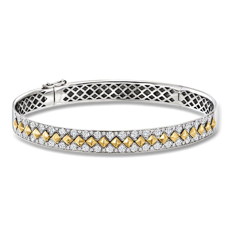 Two-tone gold diamond bangle bracelet with pavé band and chevron gold accents