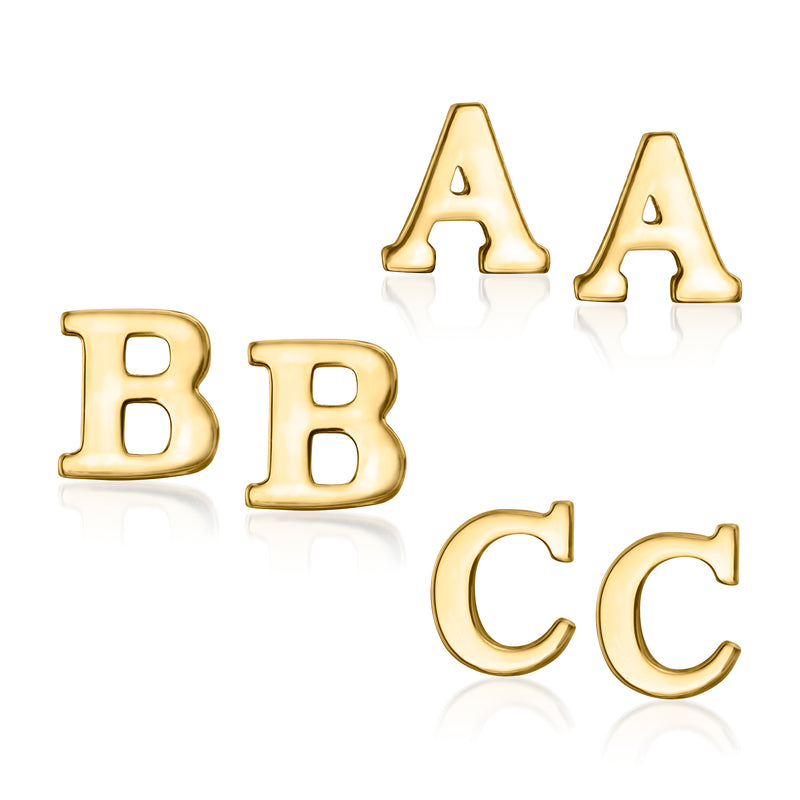 14kt yellow gold initial stud earrings with letters A, B, and C