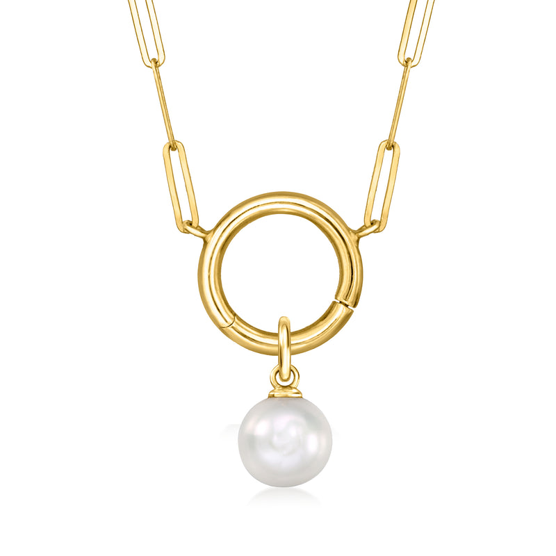 Round cultured pearl charm in 14kt yellow gold with ring link chain, close view