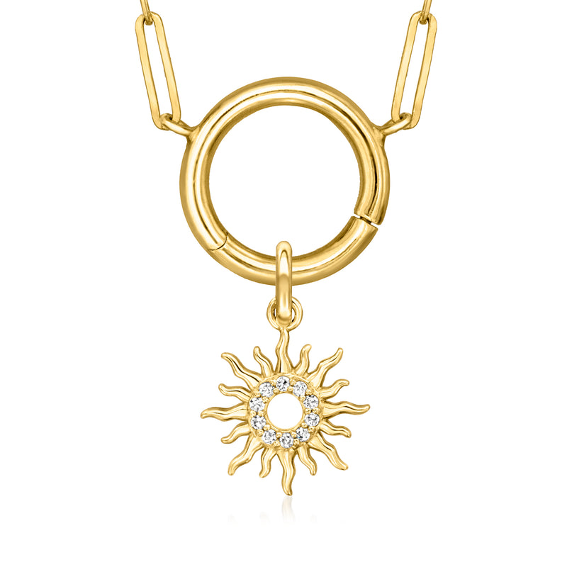 14kt yellow gold charm with sunburst centerpiece and round stone halo