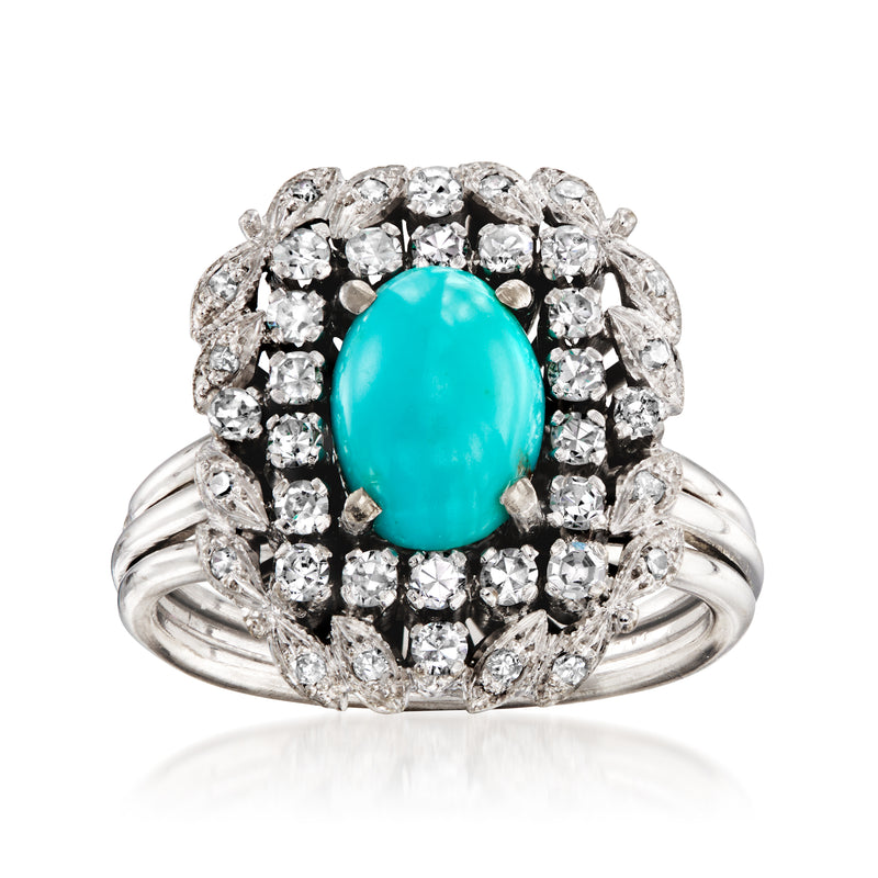 Vintage turquoise cabochon diamond halo ring in 14kt white gold
