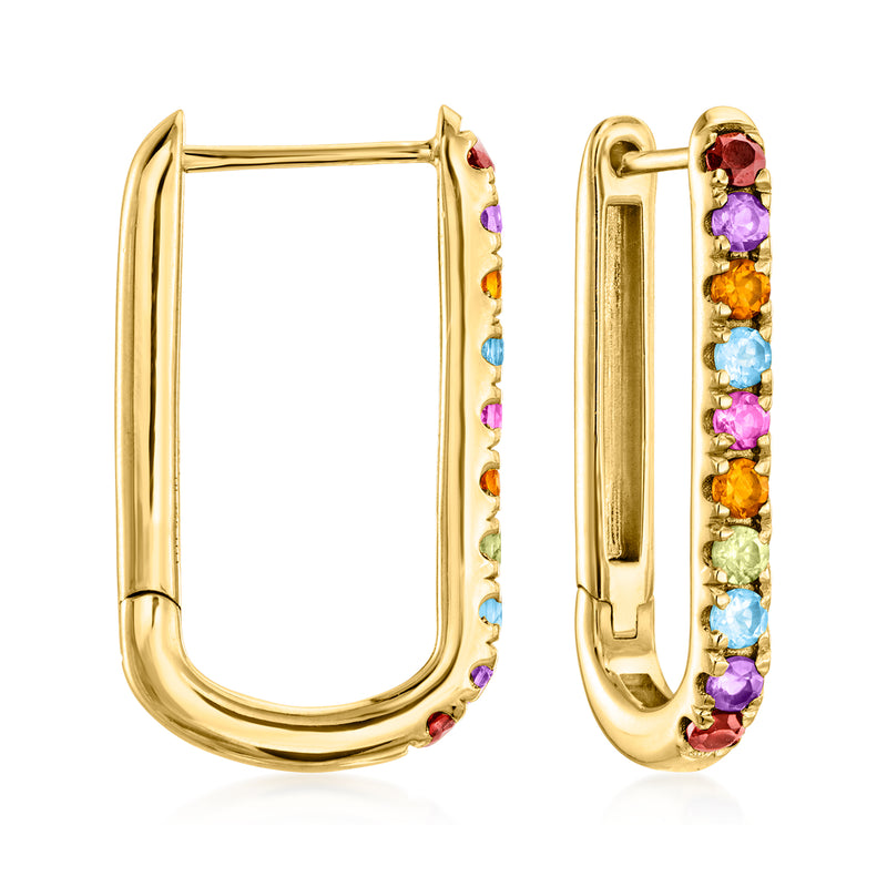 Gold over sterling hoop earrings with multicolor gemstone inlay, hinged back