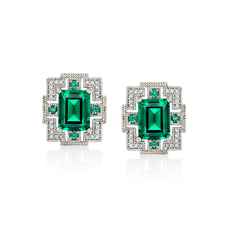 Sterling silver stud earrings with green simulated emerald center and clear CZ halo, post back