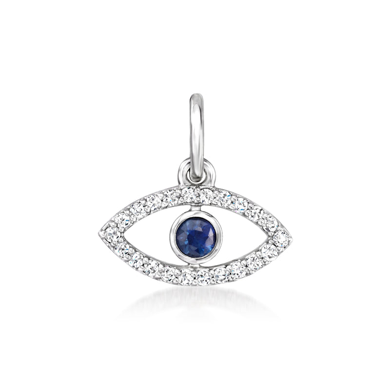 Sterling silver evil eye charm with blue sapphire center and diamond-look halo