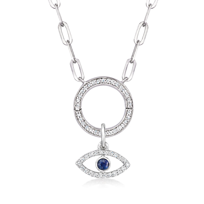 Sterling silver evil eye charm set with round diamond halo and blue sapphire eye