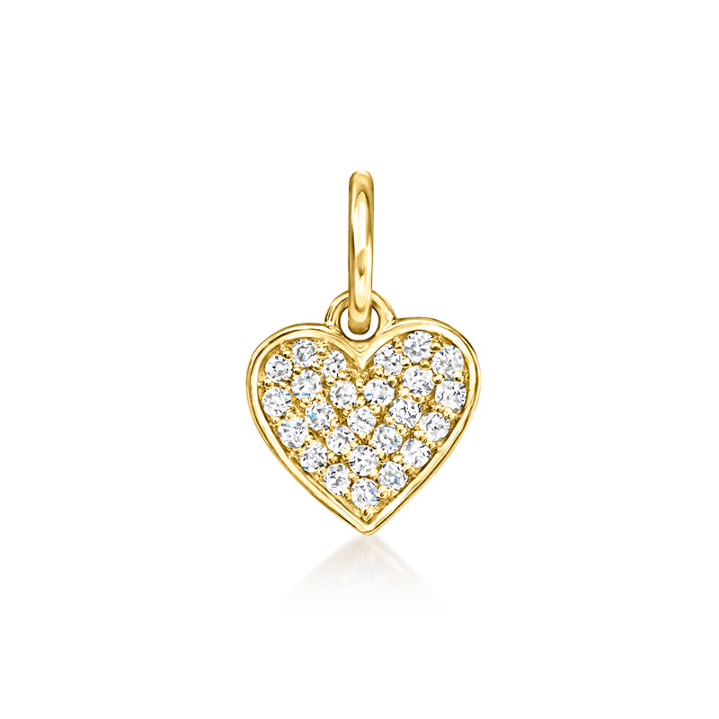 14kt yellow gold diamond heart charm with top loop, heart set with clear stones
