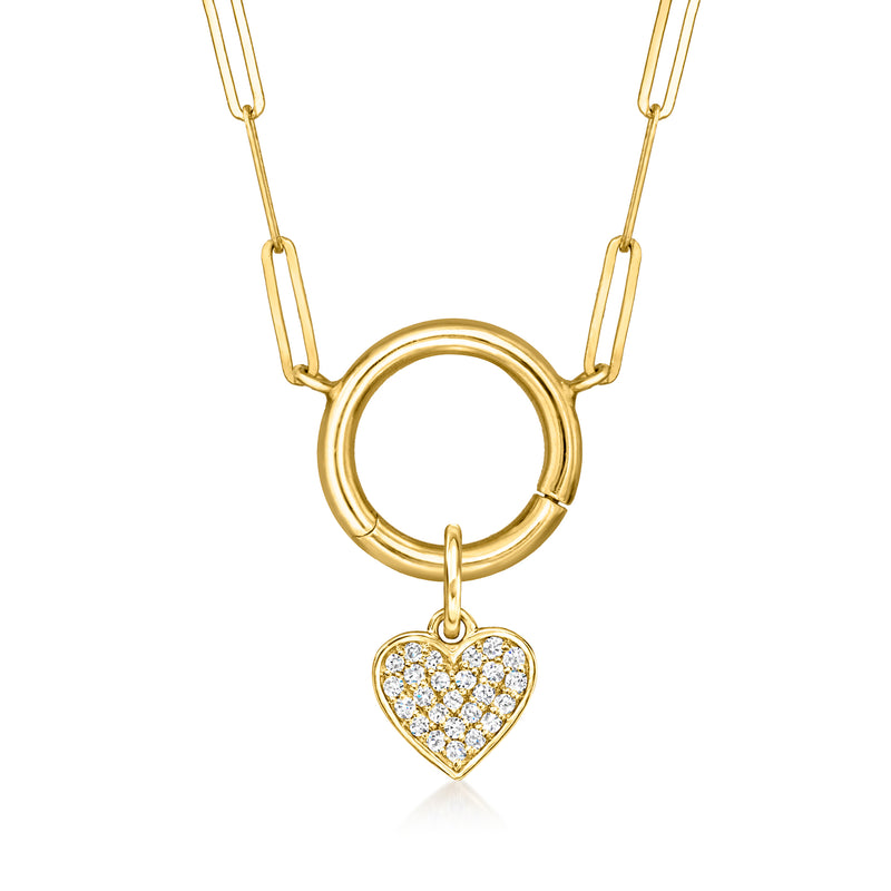 14kt yellow gold diamond heart charm with open ring frame and linked chain, clear stones