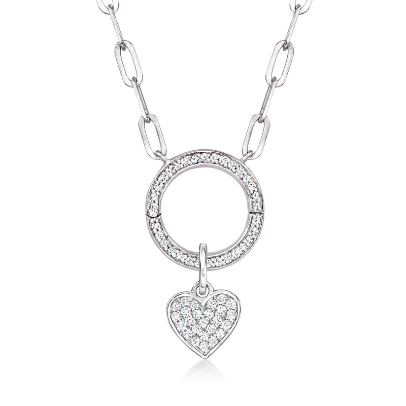 Sterling silver diamond heart charm with pavé circle pendant on chain