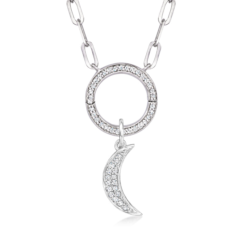 Sterling silver diamond moon charm pendant with pavé circular link