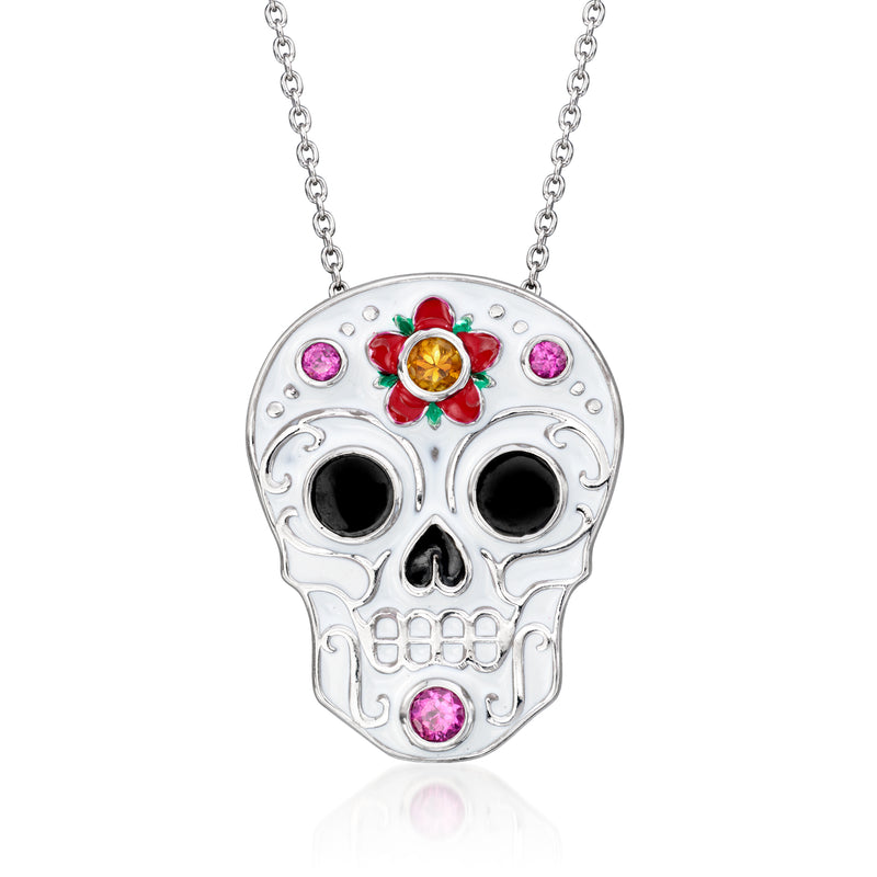 Sterling silver sugar skull pendant necklace with multicolor enamel and pink gem accents