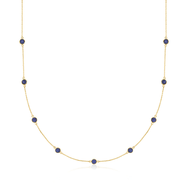 Yellow gold sapphire station necklace with small round blue gemstone stations