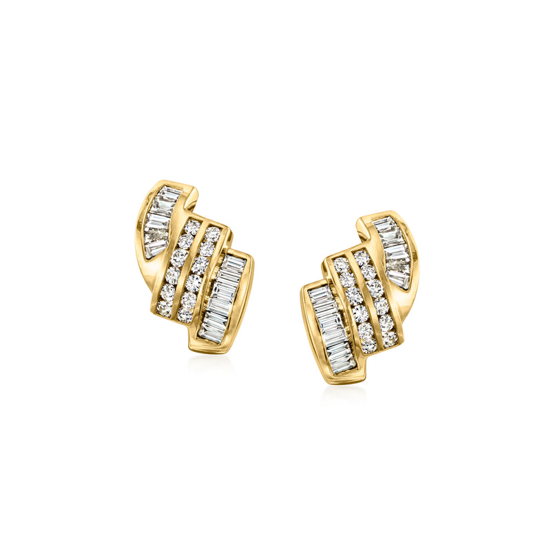 14kt yellow gold hoop earrings with baguette and round diamonds, clip/post backs