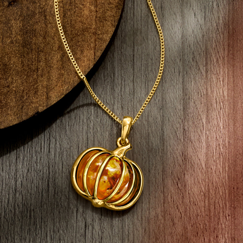Amber Pumpkin Pendant Necklace in 18kt Gold Over Sterling