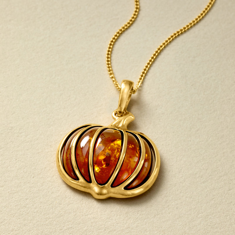 Amber Pumpkin Pendant Necklace in 18kt Gold Over Sterling