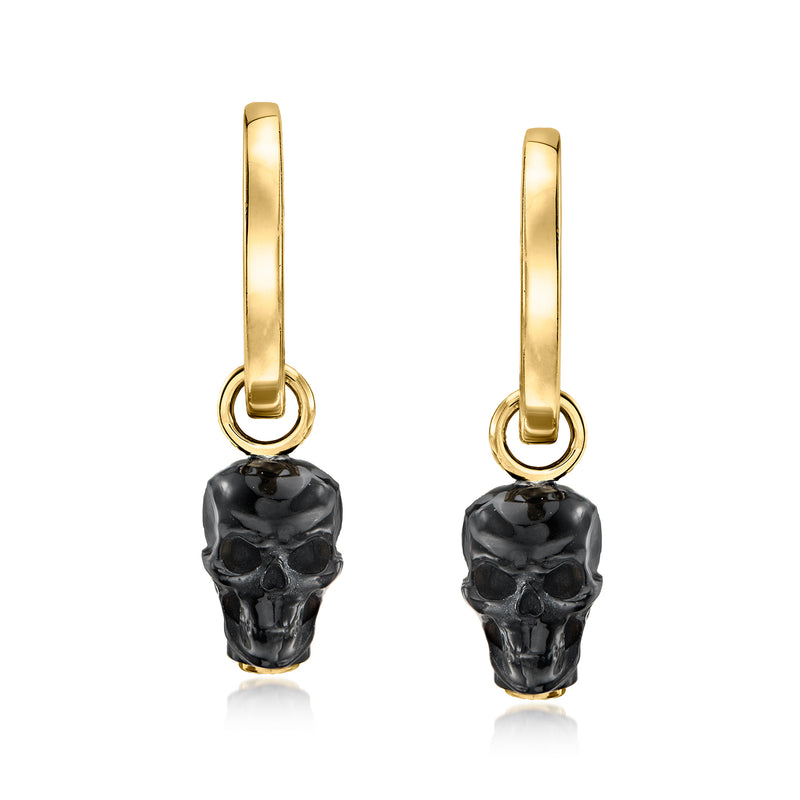Gold hoop earrings with hanging black onyx skull charms, secure drop loops.