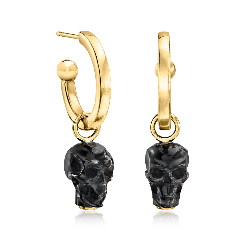 Gold hoop earrings with black onyx skull drop charms, hinged hoop design.