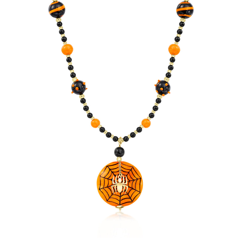 Multicolored bead necklace with black and orange Murano glass spiderweb pendant