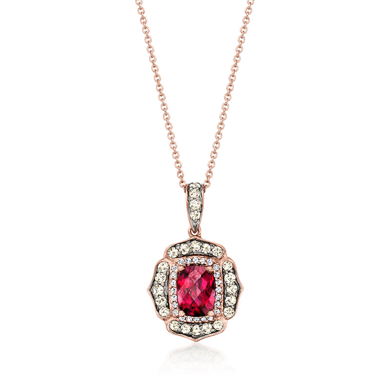 Rose gold pendant necklace with red rhodolite center and white diamond halo